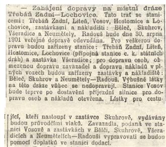 Oznámení o zahájení provozu v Národních listech 30. srpna 1901.